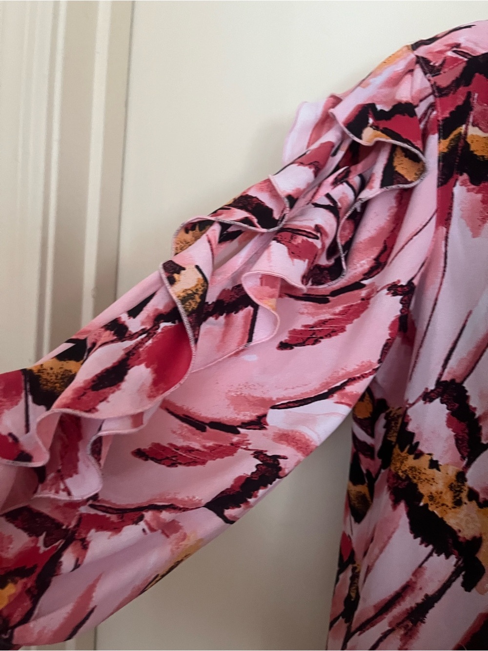 Investments Pink Abstract Ruffle-Sleeve Button-Front Blouse - Picture 2 of 6